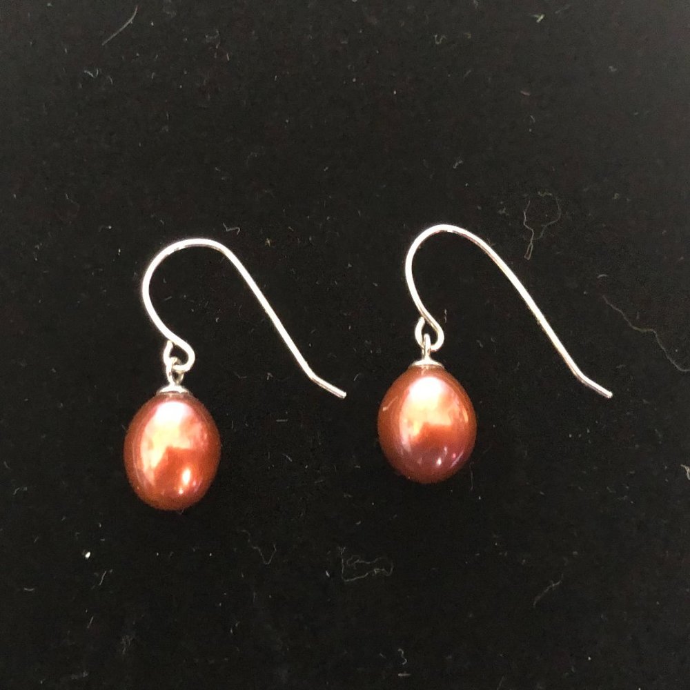 Red/Copper Tone Pearl Silver Earrings